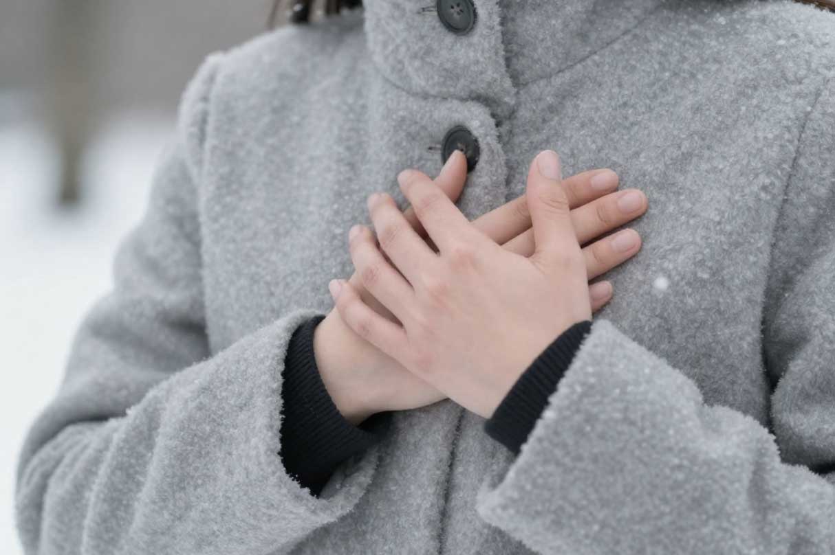 fevrier-blogue-mains-coeur-gabriella-chi Femme en manteau d'hiver dans un décor sous la neige avec les mains sur le coeur — Quand le printemps commence en silence | Gabriella Chi