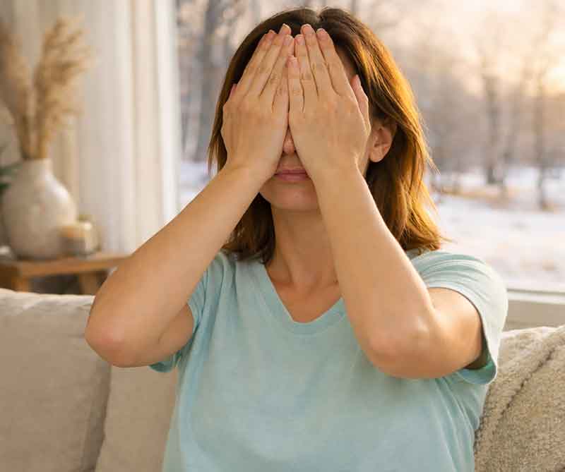 Femme dans la quarantaine avec un t-shirt aqua qui met ses paumes devant ses yeux, suggérant qu'elle fait une exercice de détente | Gabriella Chi